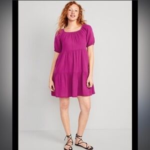 Old Navy Puff-Sleeve Tiered Mini Dress Fushia Size Large Tall